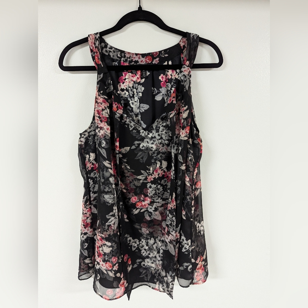 White House Black Market Floral Chiffon Blouse - Black and Pink